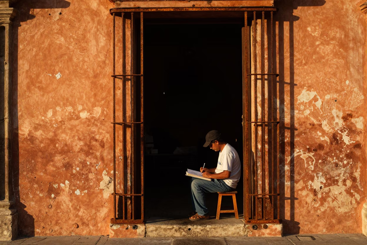 Golden Hour Street Scene in Cartagena Colombia with Rusty Doorframe and Sketchbook in in Cartagena, Colombia