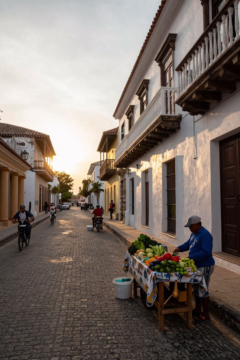 Golden Hour Street Scene in Cartagena Colombia with Sunlight and Local Life in in Cartagena, Colombia
