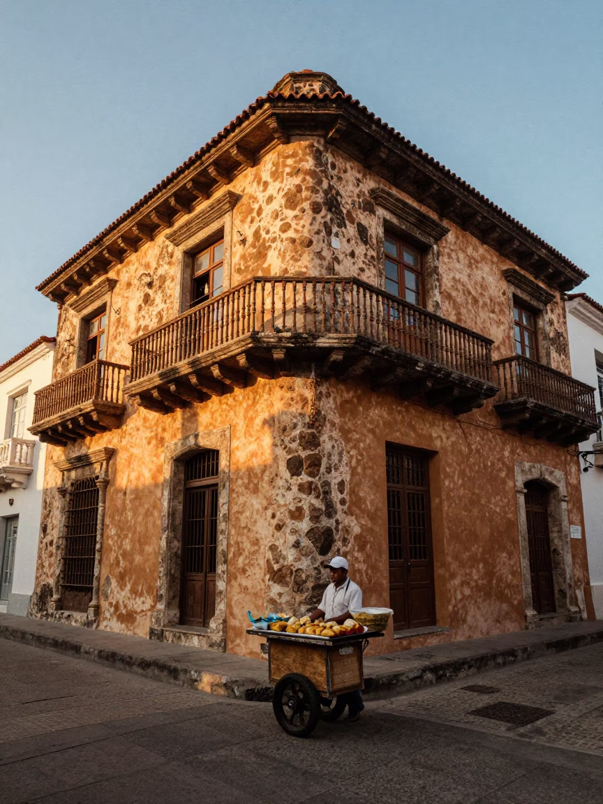 Golden Hour Street Scene in Cartagena Colombia with Vendor Selling Empanadas in in Cartagena, Colombia