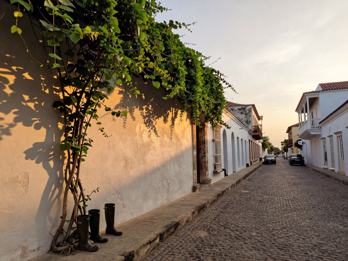 Golden Hour Street Scene in Cartagena Colombia with Vine and Rain Boots in in Cartagena, Colombia
