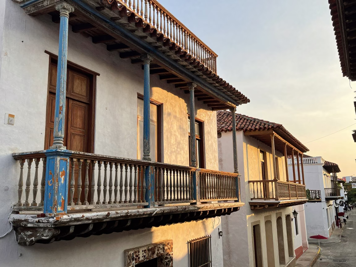 Golden Hour Street Scene in Cartagena Colombia with Vintage Dominoes on Colonial Balcony in in Cartagena, Colombia