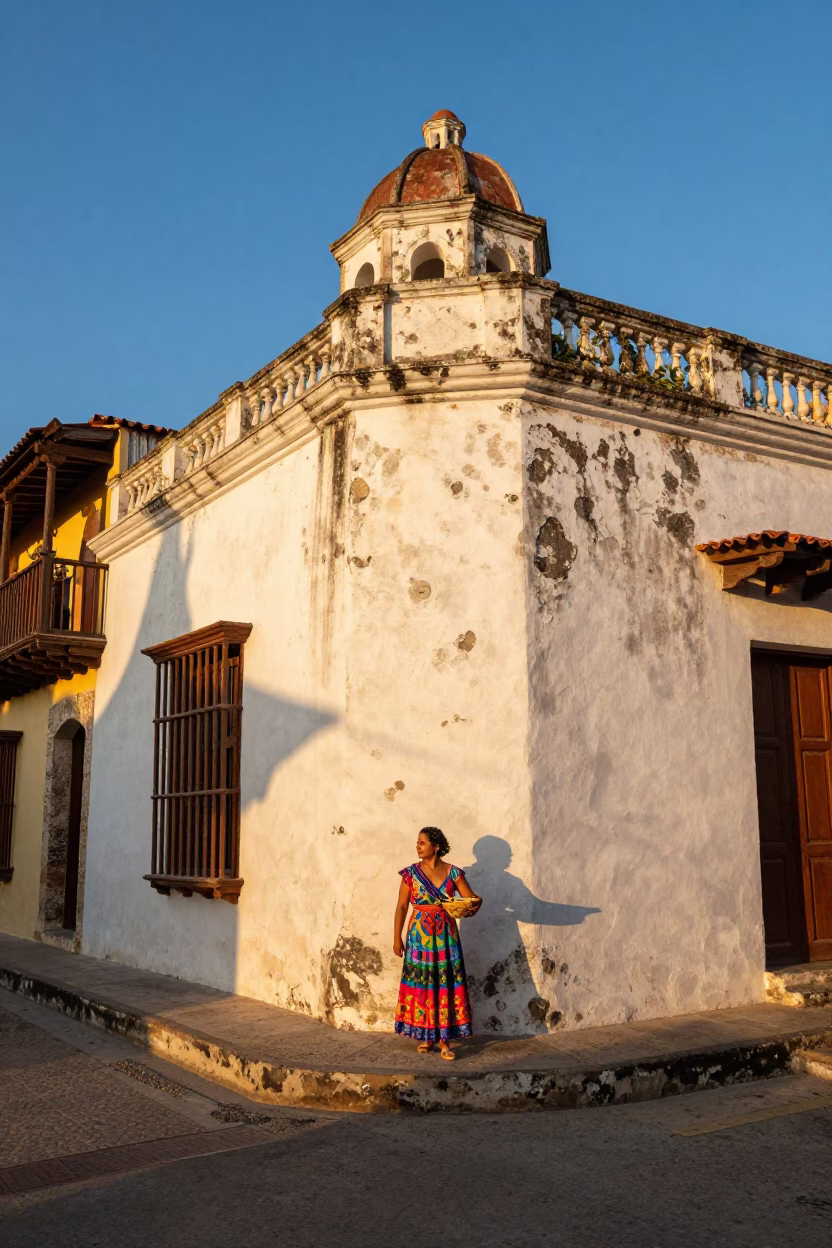Golden Hour Street Scene in Cartagena Colombia with Vintage Elements in in Cartagena, Colombia