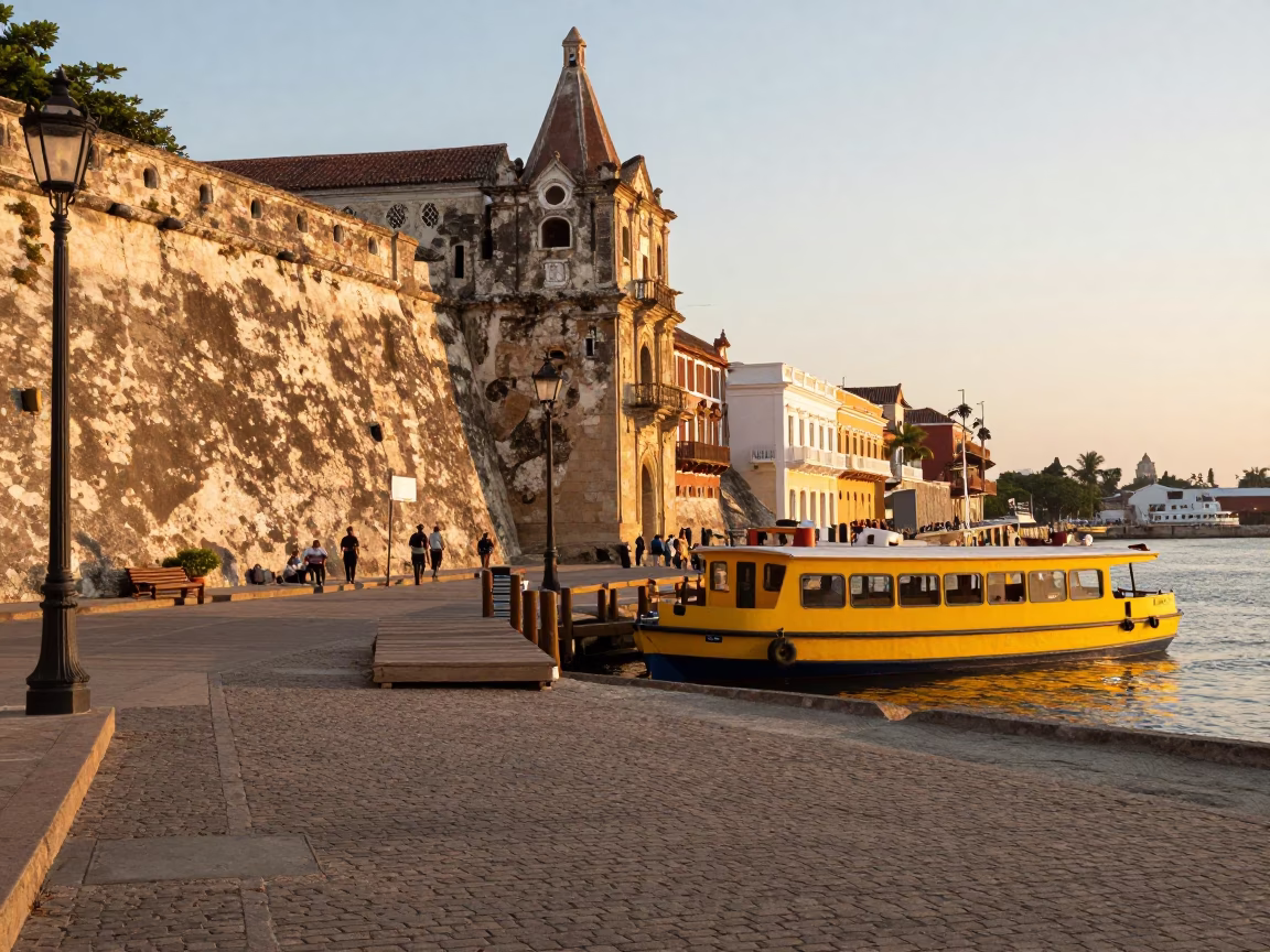 Golden Hour Street Scene in Cartagena Colombia with Water Taxi and Colonial Architecture in in Cartagena, Colombia