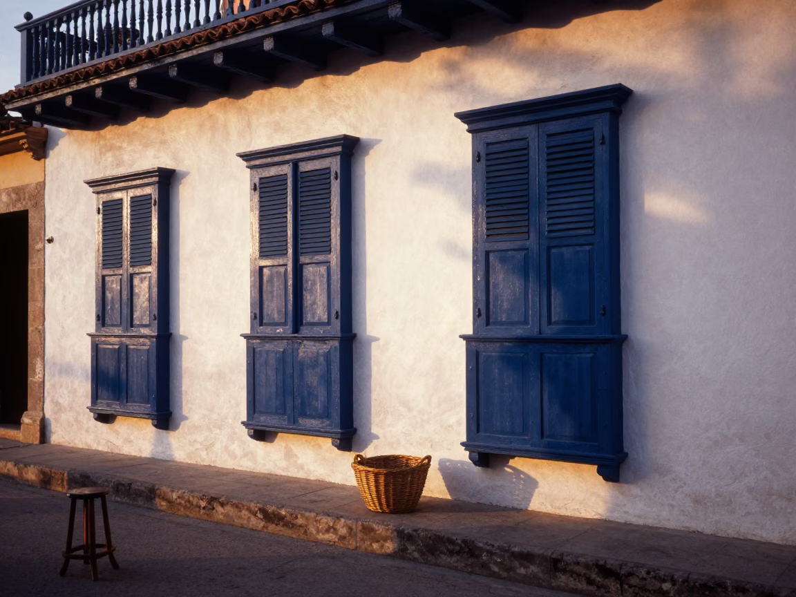 Golden Hour Street Scene in Cartagena Colombia with Wicker Basket and Stool in in Cartagena, Colombia