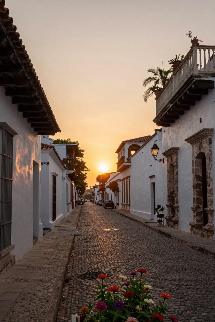 Golden Hour Street Scene in Cartagena Colombia with Zinnias and Daily Life in in Cartagena, Colombia