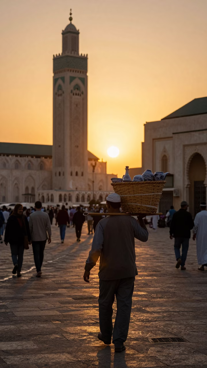 Golden Hour Street Scene in Casablanca Morocco with Basket and Porcelain Cup in in Casablanca, Morocco