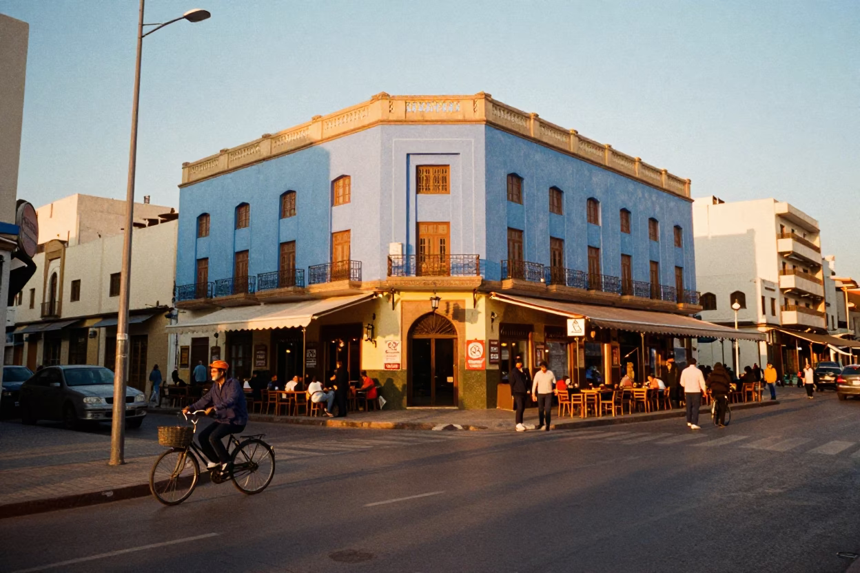Golden Hour Street Scene in Casablanca Morocco with Bicycle and Local Cafe Culture in in Casablanca, Morocco