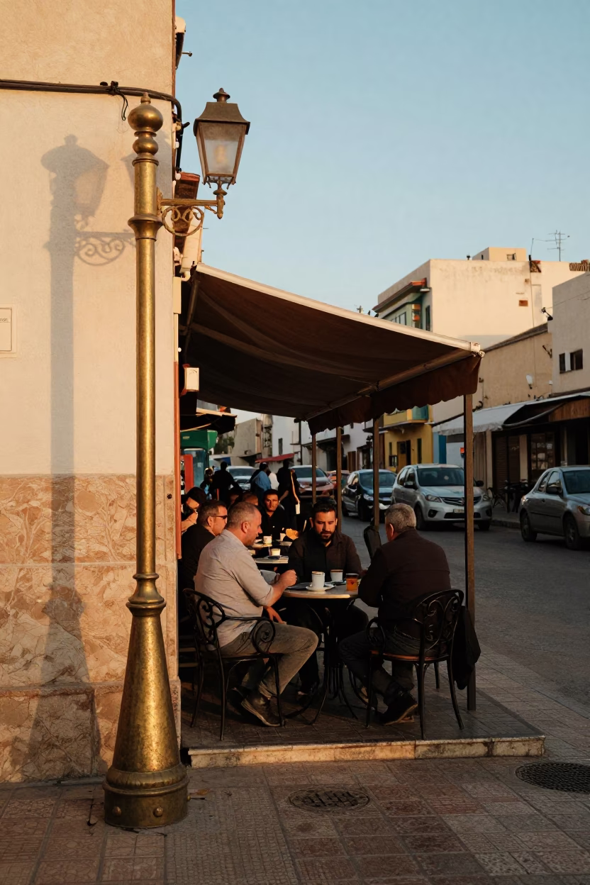Golden Hour Street Scene in Casablanca Morocco with Brass Details and Urban Life in in Casablanca, Morocco