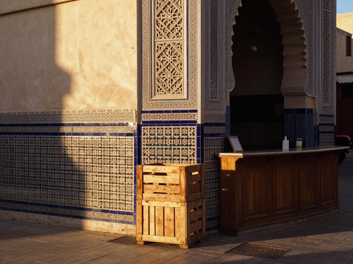 Golden Hour Street Scene in Casablanca Morocco with Crate and Reception Desk in in Casablanca, Morocco