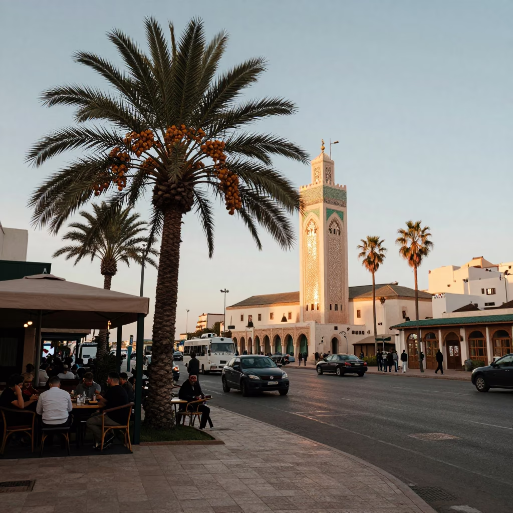Golden Hour Street Scene in Casablanca Morocco with Date Palm and Hotel Reflections in in Casablanca, Morocco