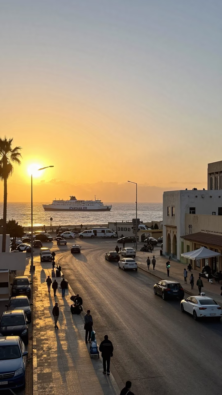 Golden Hour Street Scene in Casablanca Morocco with Ferry and Urban Life in in Casablanca, Morocco