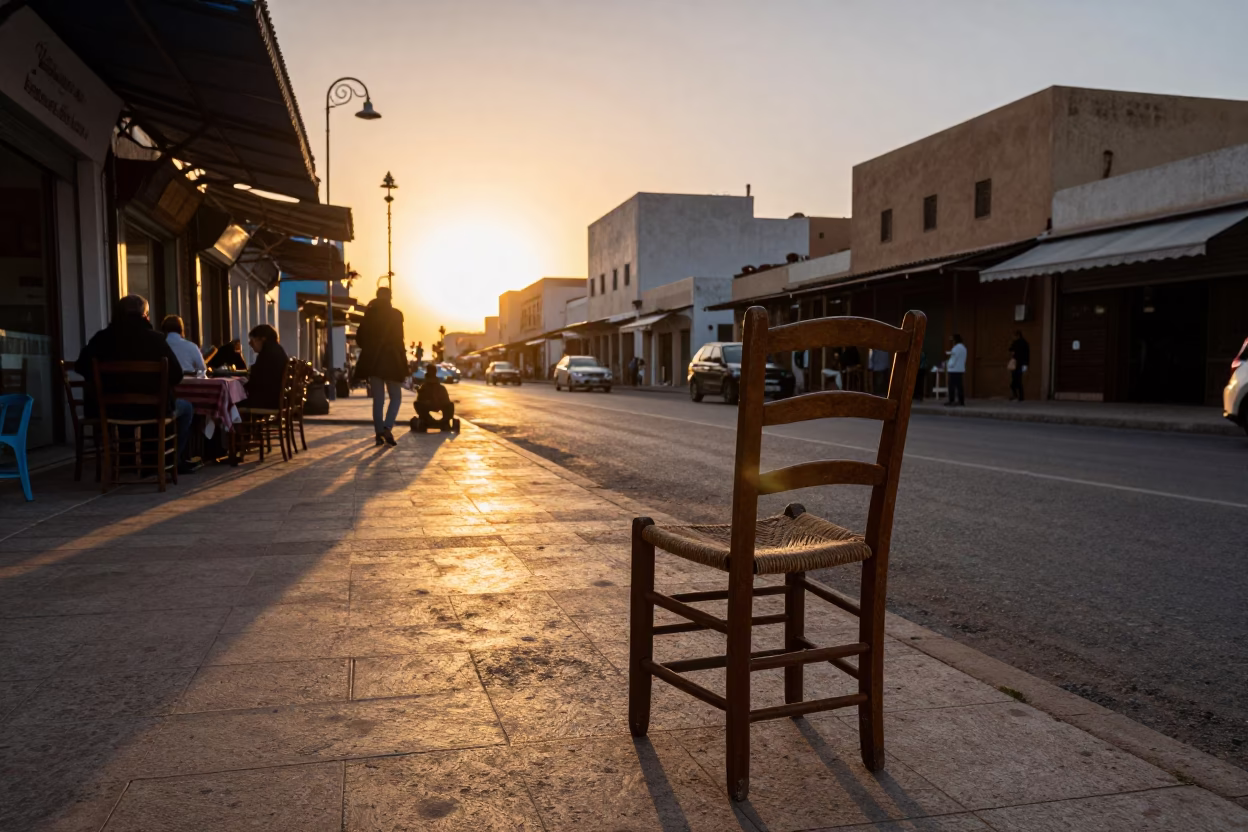Golden Hour Street Scene in Casablanca Morocco with Ladder-Back Chair and Fruit Crate in in Casablanca, Morocco