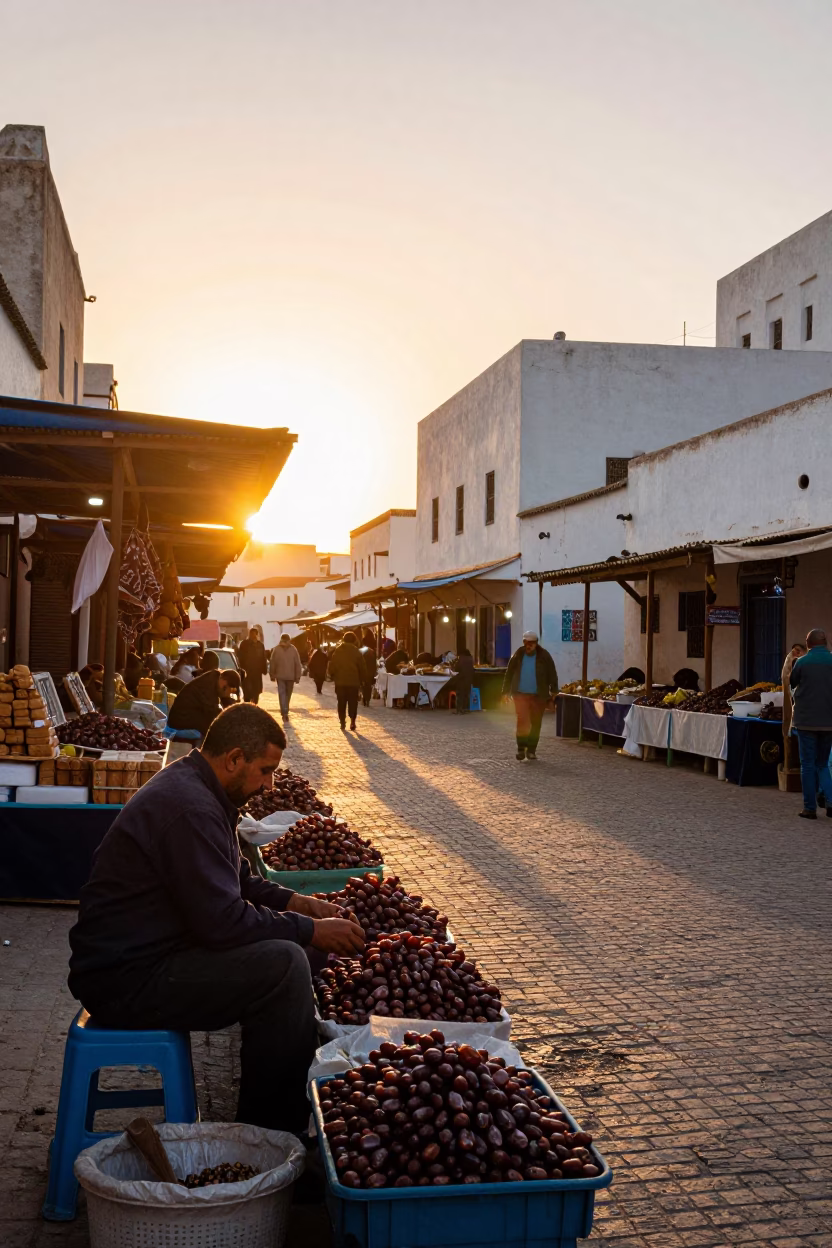Golden Hour Street Scene in Casablanca Morocco with Local Market Activity and Traditional Architecture in in Casablanca, Morocco