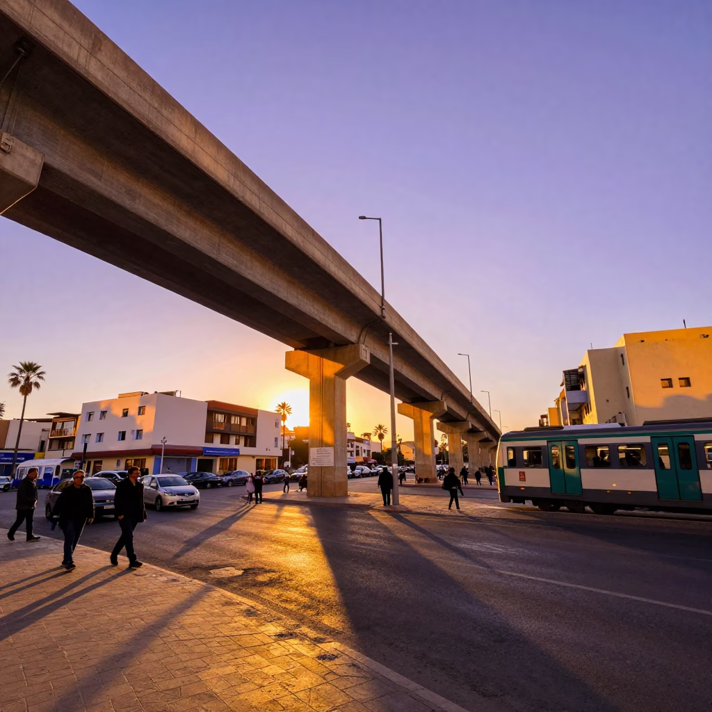 Golden Hour Street Scene in Casablanca Morocco with Overpass Ramp and Metro Train in in Casablanca, Morocco