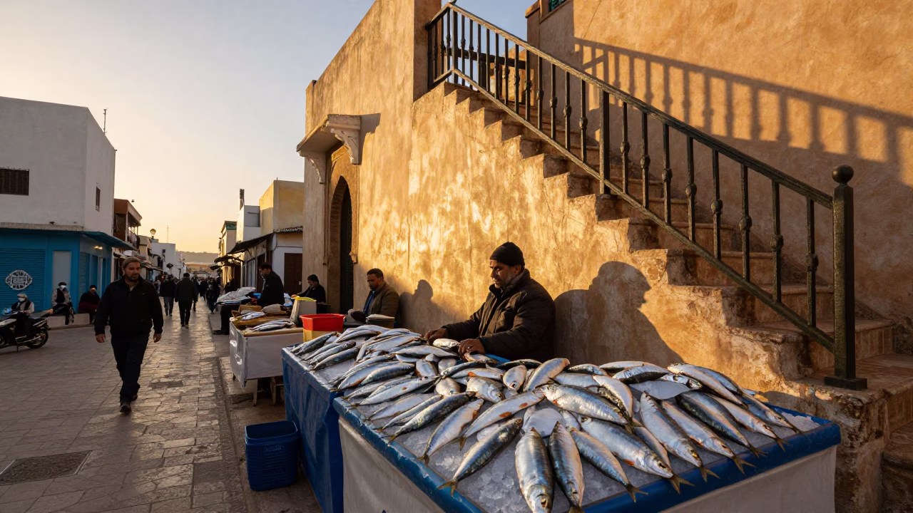Golden Hour Street Scene in Casablanca Morocco with Sardines and Stair Rail in in Casablanca, Morocco
