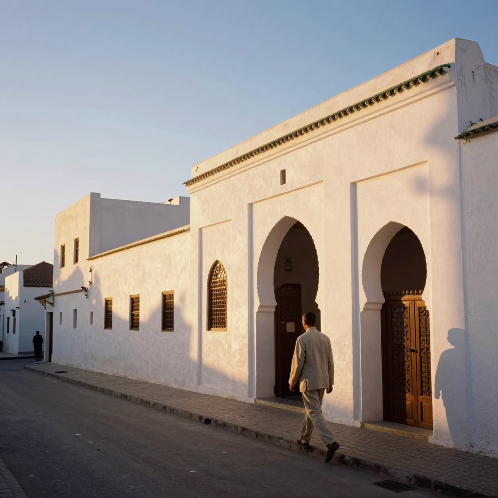 Golden Hour Street Scene in Casablanca Morocco with Traditional Architecture and Local Life in in Casablanca, Morocco