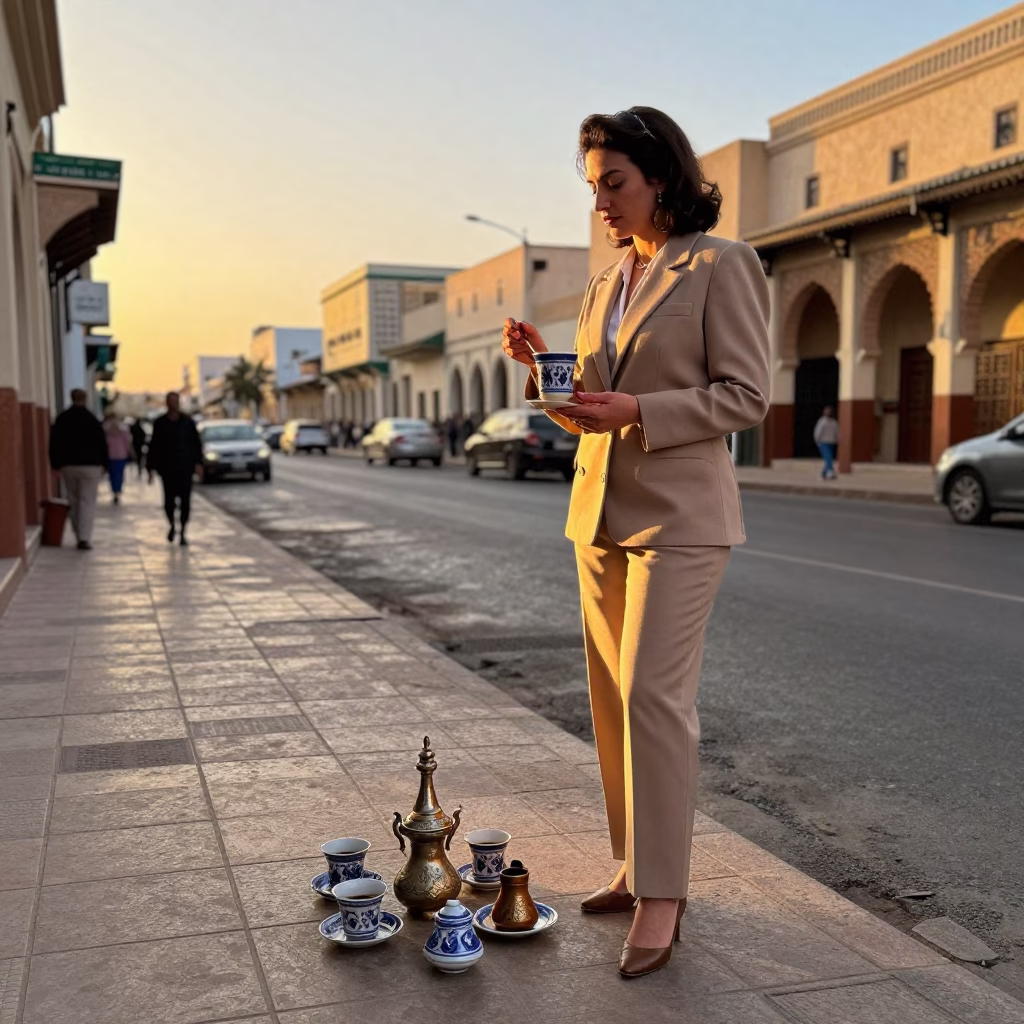 Golden Hour Street Scene in Casablanca Morocco with Traditional Coffee Service and Architectural Details in in Casablanca, Morocco