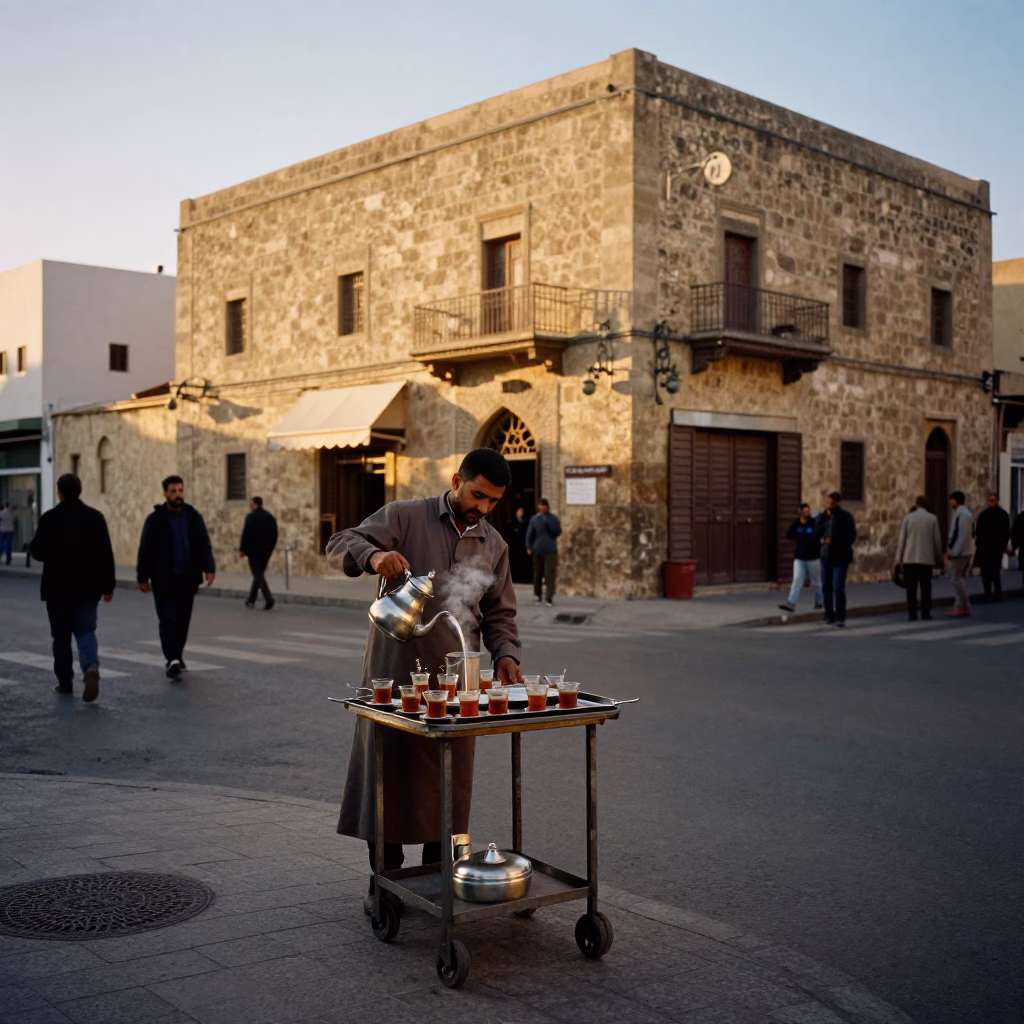 Golden Hour Street Scene in Casablanca Morocco with Traditional Coffee Service in in Casablanca, Morocco