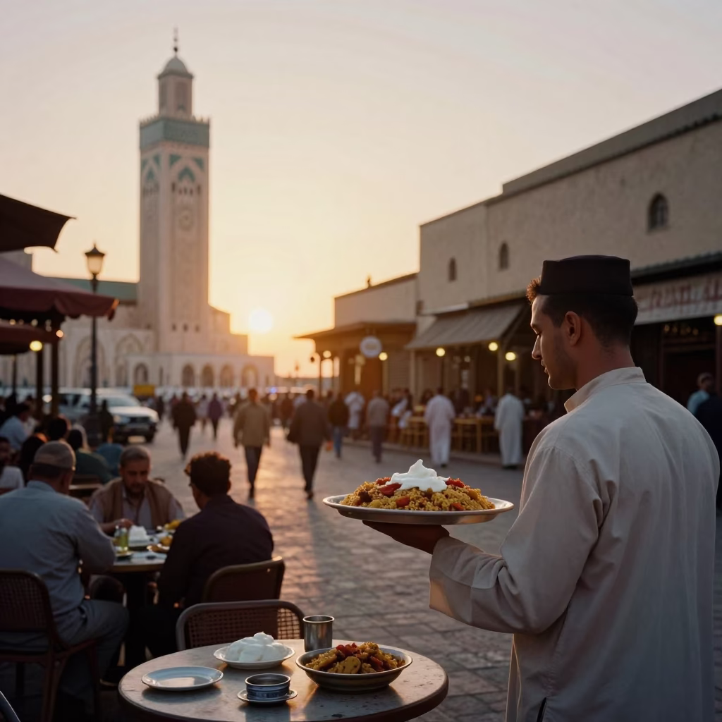 Golden Hour Street Scene in Casablanca Morocco with Traditional Food and Urban Details in in Casablanca, Morocco