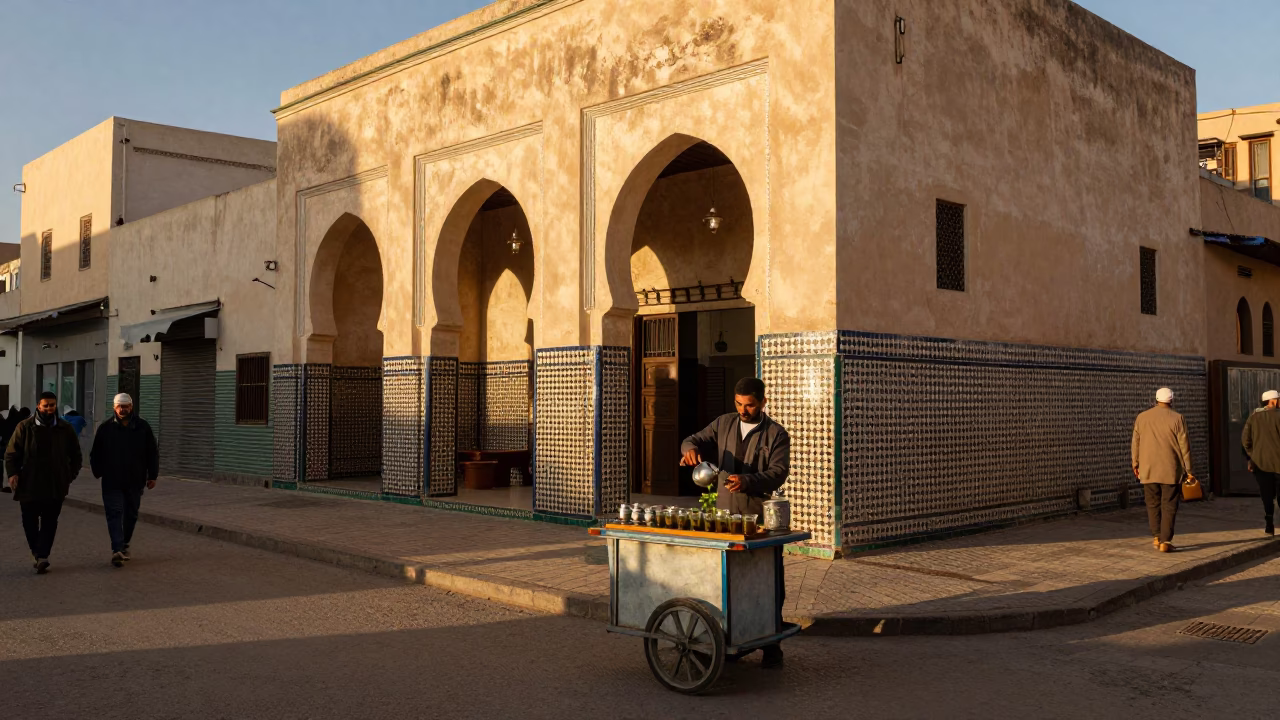 Golden Hour Street Scene in Casablanca Morocco with Traditional Tea Service and Local Architecture in in Casablanca, Morocco
