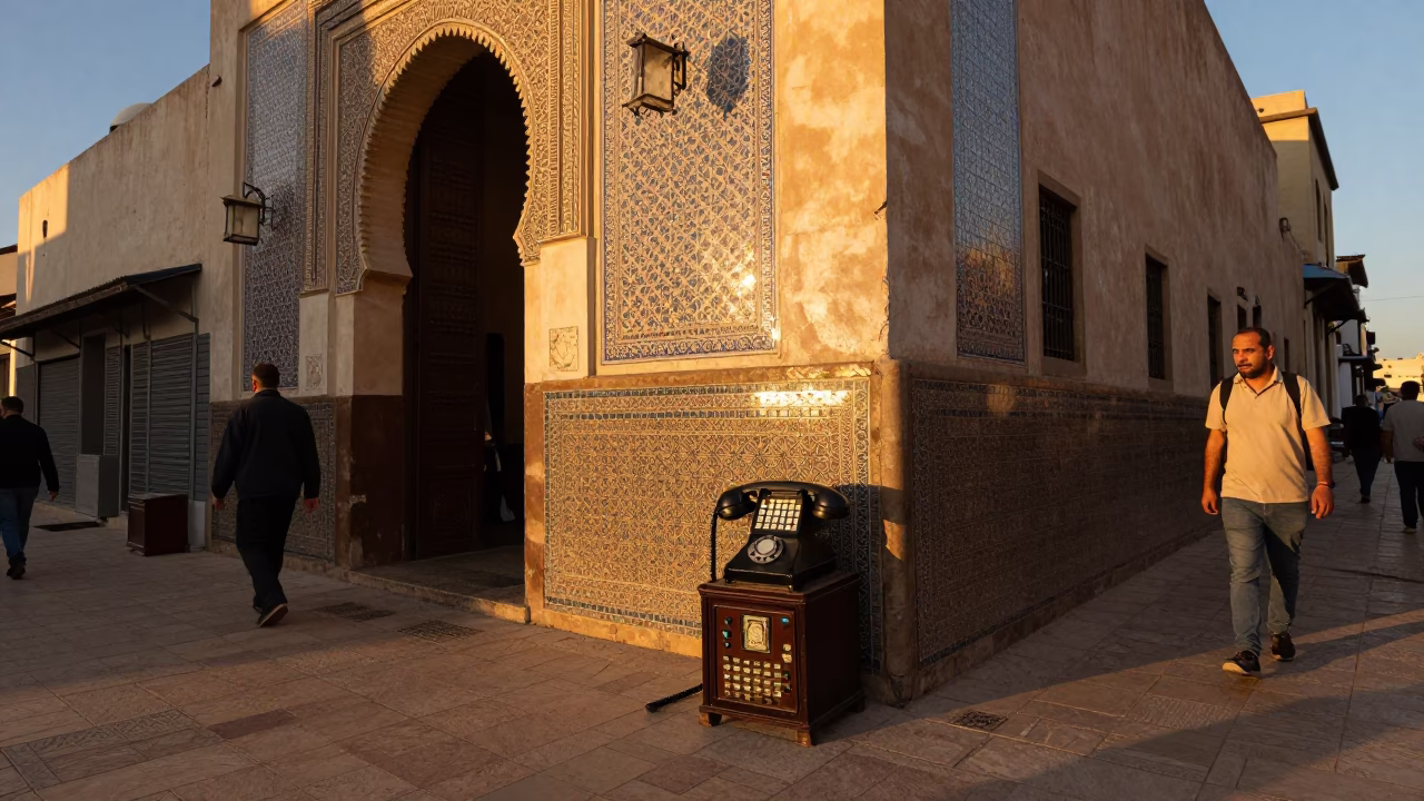 Golden Hour Street Scene in Casablanca Morocco with Vintage Bakelite Telephone in in Casablanca, Morocco