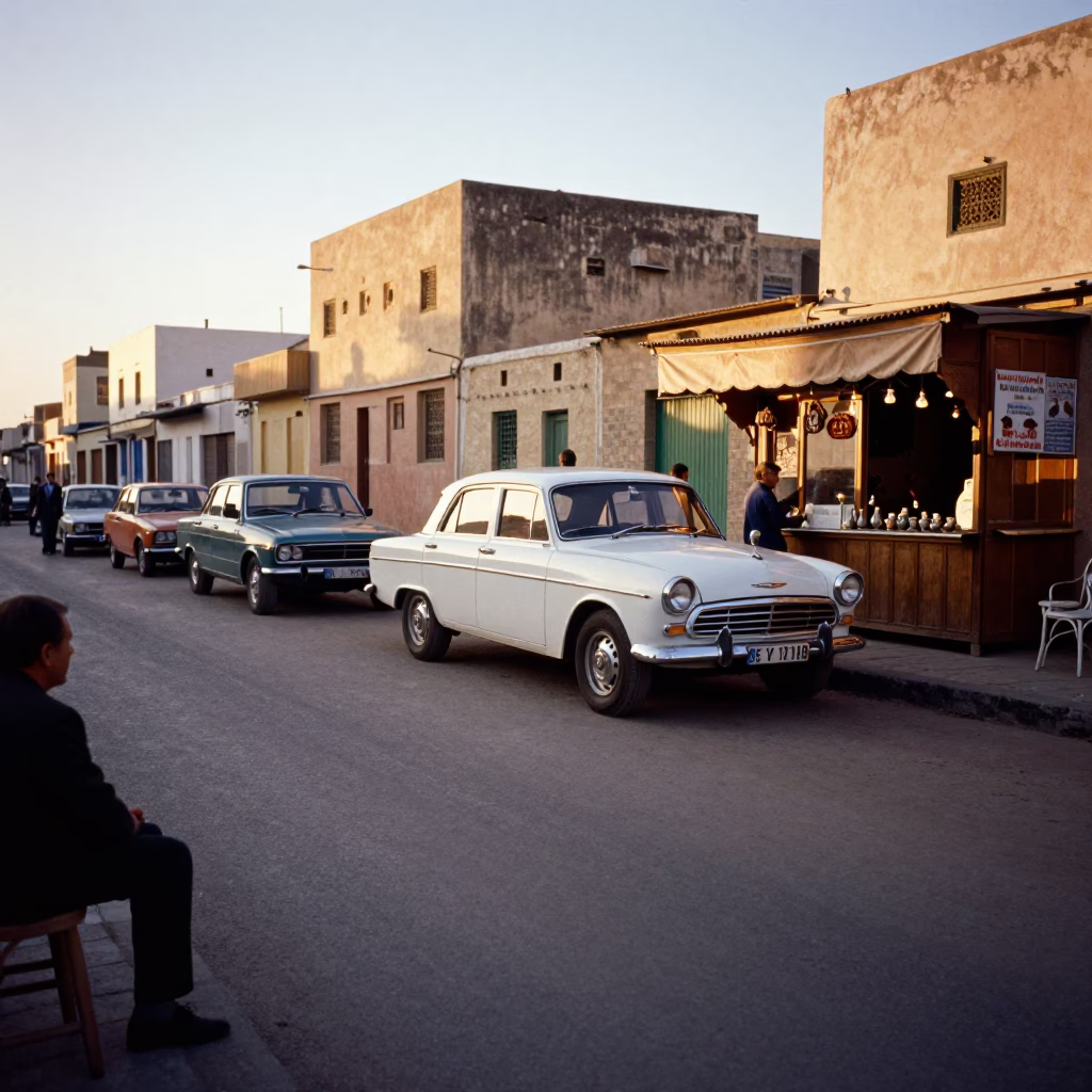 Golden Hour Street Scene in Casablanca Morocco with Vintage Cars and Traditional Tea Service in in Casablanca, Morocco