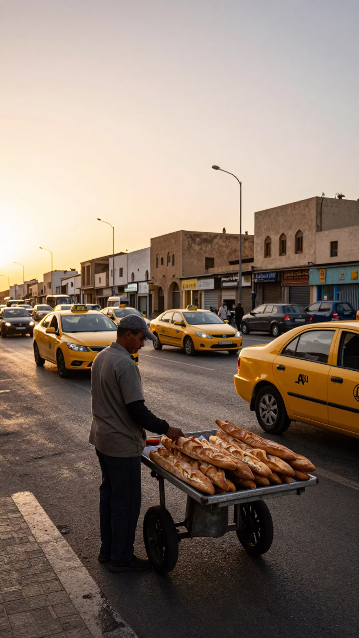 Golden Hour Street Scene in Casablanca Morocco With Yellow Taxi and Rolling Carts in in Casablanca, Morocco
