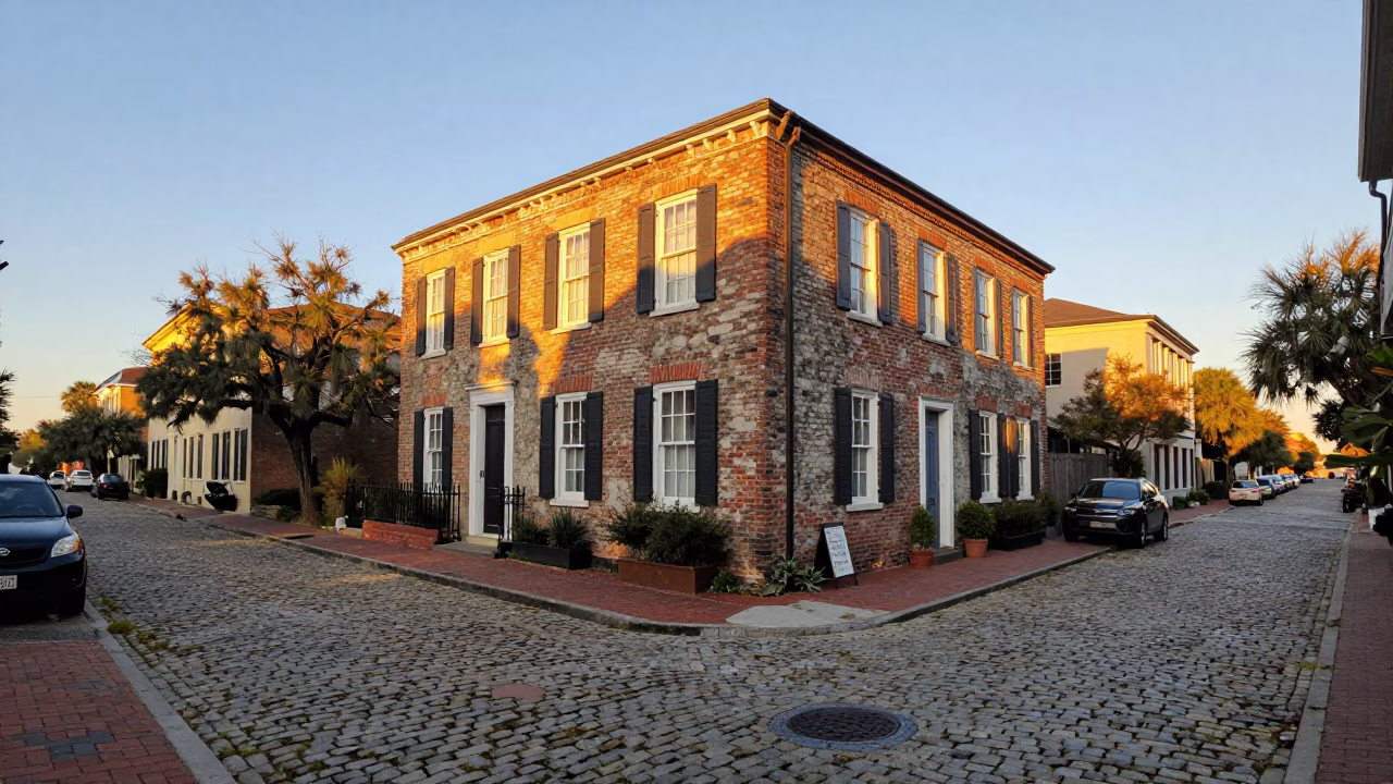 Golden Hour Street Scene in Charleston South Carolina with Historic Architecture and Local Life in in Charleston, South Carolina, United States