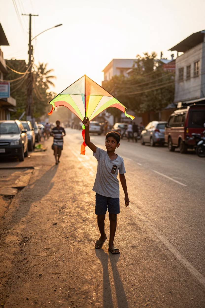 Golden Hour Street Scene in Chennai India with Boy Holding Homemade Kite in in Chennai, India