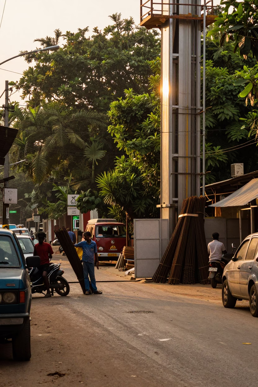 Golden Hour Street Scene in Chennai India with Construction Site and Lush Greenery in in Chennai, India
