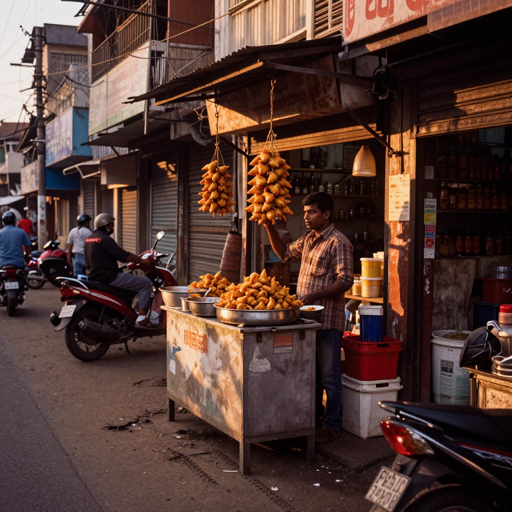 Golden Hour Street Scene in Chennai India with Local Commerce and Urban Life in in Chennai, India