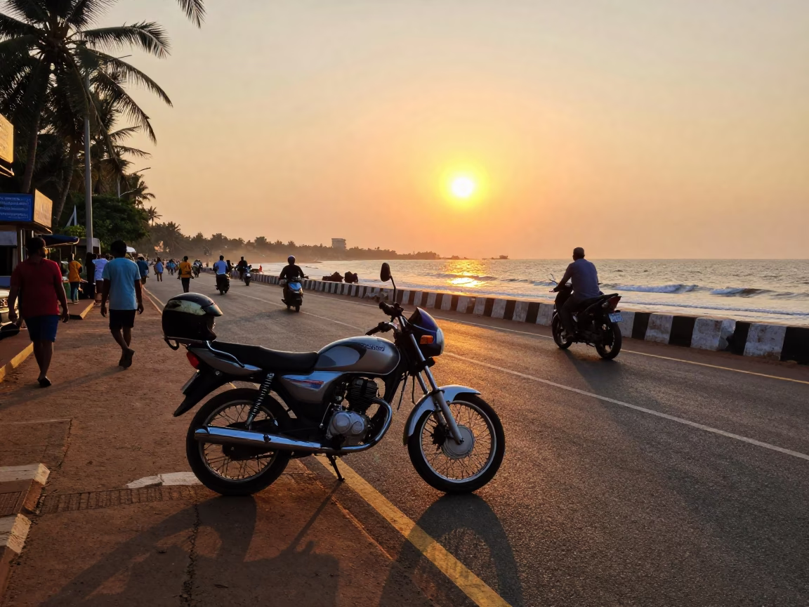 Golden Hour Street Scene in Chennai India with Motorcycle and Coastal Vibe in in Chennai, India
