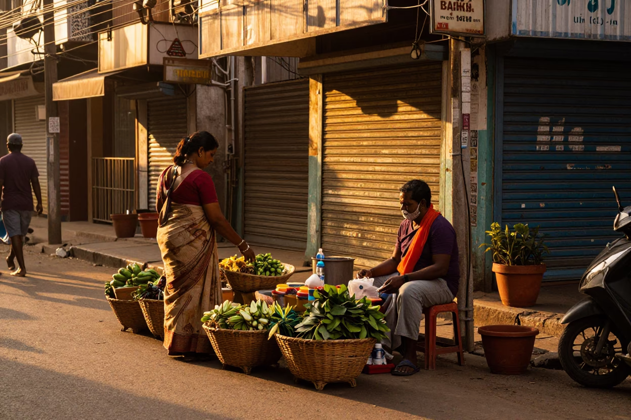 Golden Hour Street Scene in Chennai India with Vendor and Potted Plants in in Chennai, India