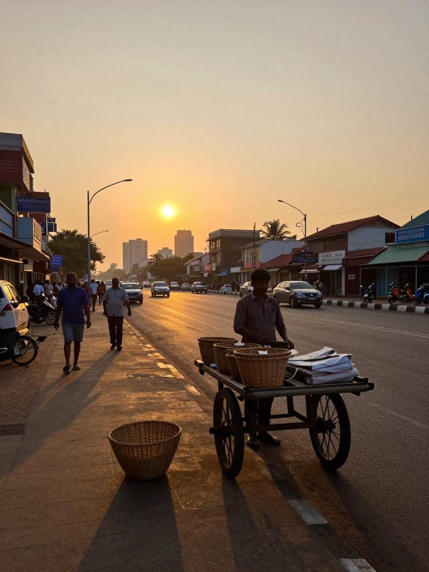 Golden Hour Street Scene in Chennai India with Woven Basket and Local Market Activity in in Chennai, India