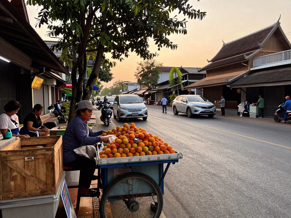 Golden Hour Street Scene in Chiang Mai Thailand with Apricots and Padlock in in Chiang Mai, Thailand