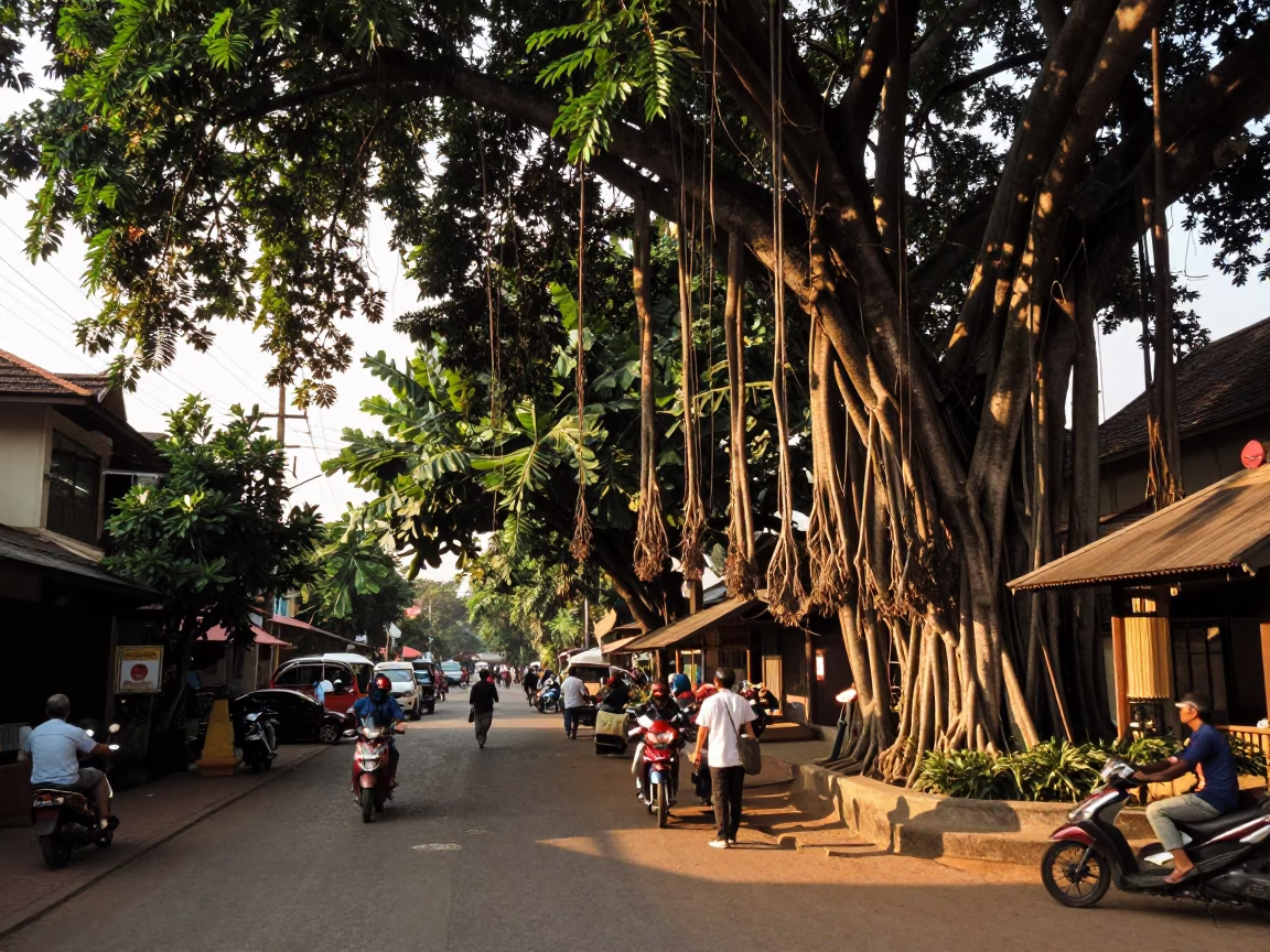 Golden Hour Street Scene in Chiang Mai Thailand with Banyan Grove and Local Life in in Chiang Mai, Thailand