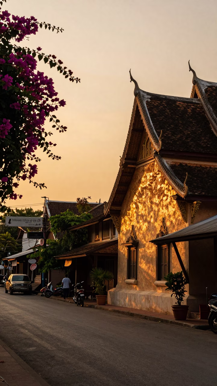 Golden Hour Street Scene in Chiang Mai Thailand with Bougainvillea and Local Market Activity in in Chiang Mai, Thailand
