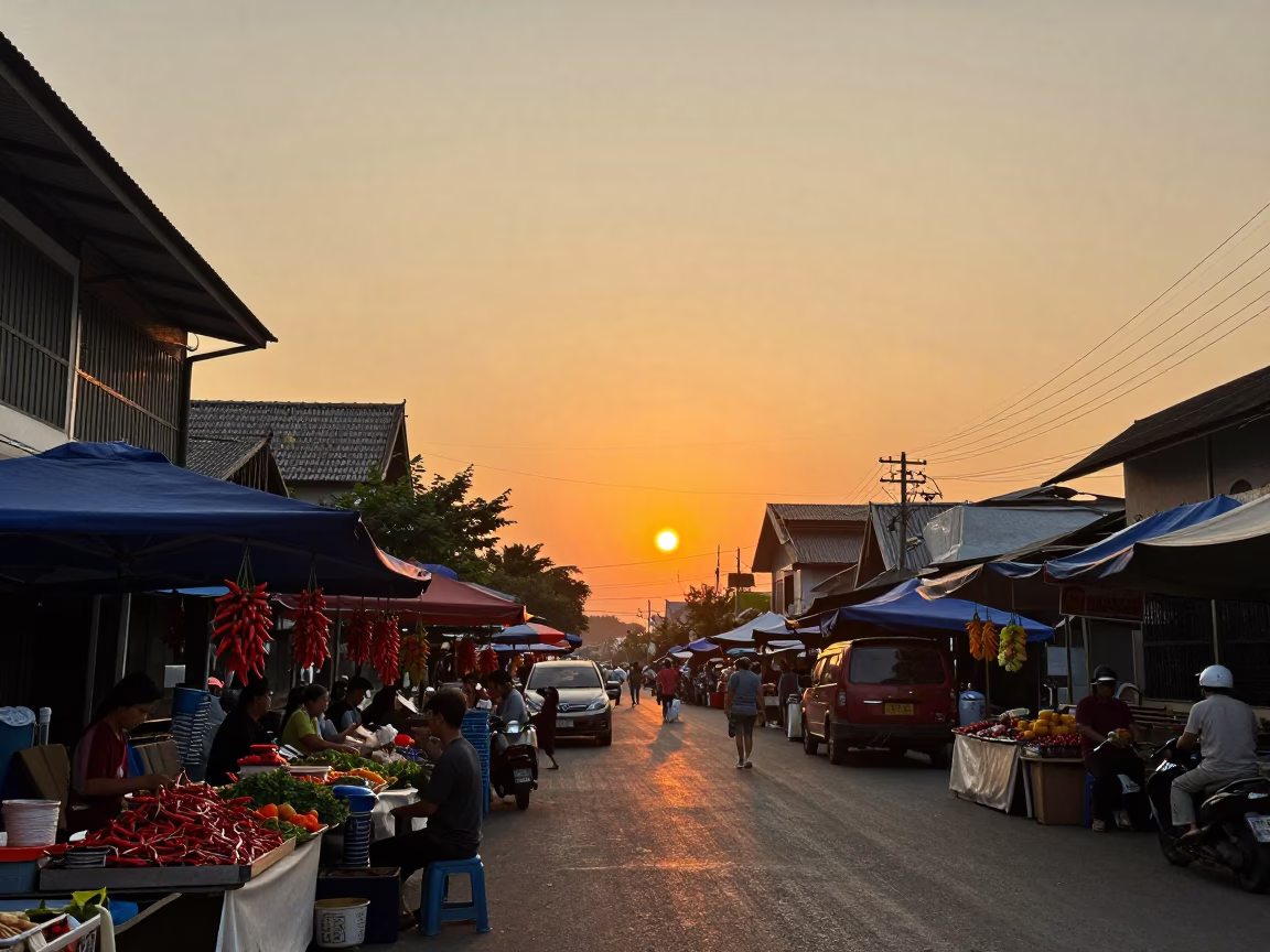 Golden Hour Street Scene in Chiang Mai Thailand with Chili Peppers and Local Life in in Chiang Mai, Thailand