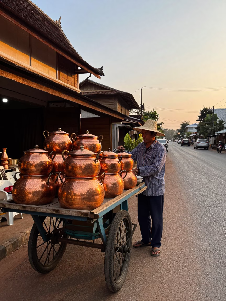 Golden Hour Street Scene in Chiang Mai Thailand with Copper Pots and Straw Hat in in Chiang Mai, Thailand