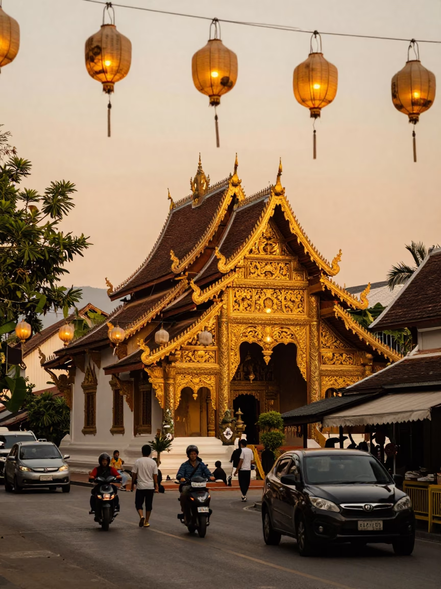 Golden Hour Street Scene in Chiang Mai Thailand with Floating Paper Lanterns in in Chiang Mai, Thailand