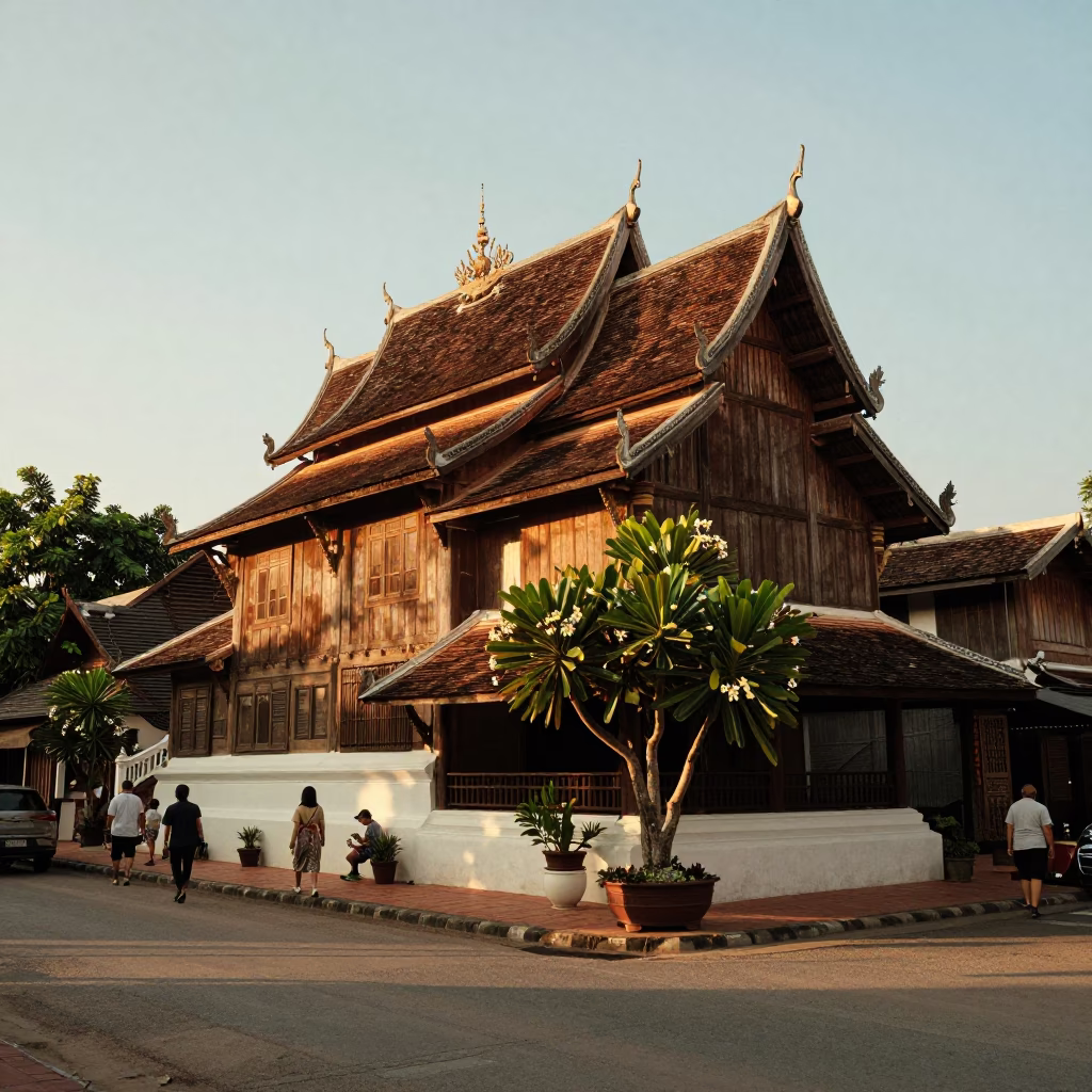 Golden Hour Street Scene in Chiang Mai Thailand with Frangipani and Traditional Lanna Architecture in in Chiang Mai, Thailand