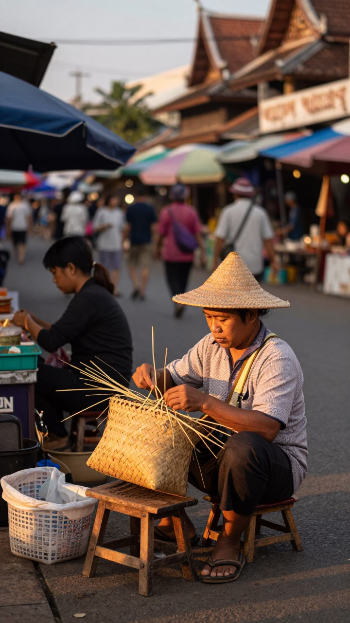 Golden Hour Street Scene in Chiang Mai Thailand with Local Vendor and Basket in in Chiang Mai, Thailand