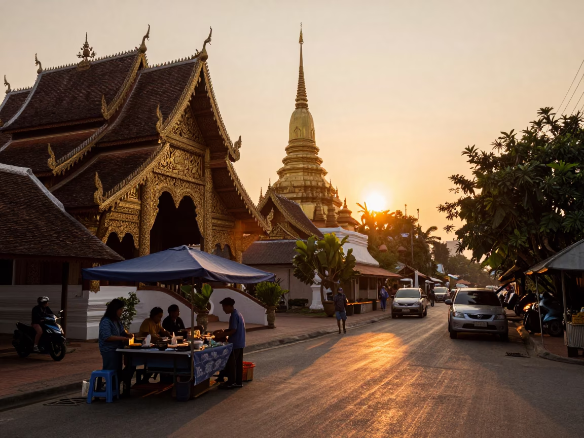 Golden Hour Street Scene in Chiang Mai Thailand with Local Vendor and Fountain Pen in in Chiang Mai, Thailand