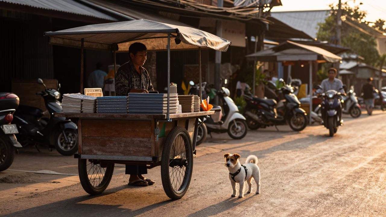 Golden Hour Street Scene in Chiang Mai Thailand with Local Vendor and Small Dog in in Chiang Mai, Thailand