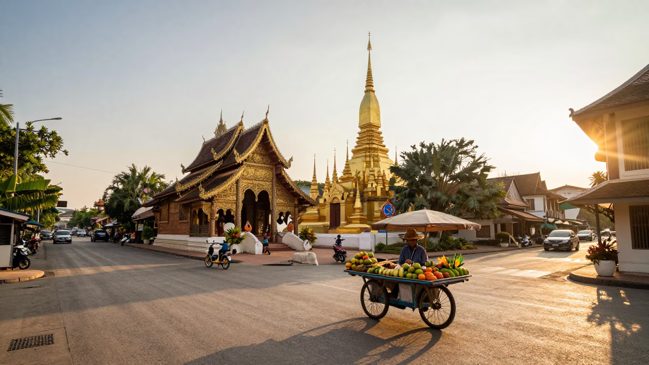 Golden Hour Street Scene in Chiang Mai Thailand with Local Vendor and Traditional Elements in in Chiang Mai, Thailand