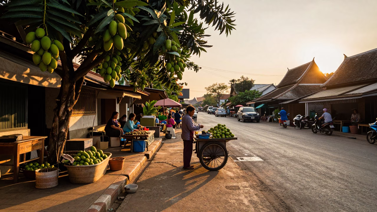 Golden Hour Street Scene in Chiang Mai Thailand with Mangoes and Local Life in in Chiang Mai, Thailand