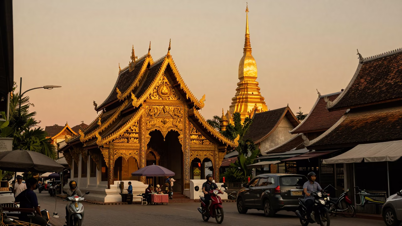 Golden Hour Street Scene in Chiang Mai Thailand with Motorcycle and Traditional Temple Architecture in in Chiang Mai, Thailand