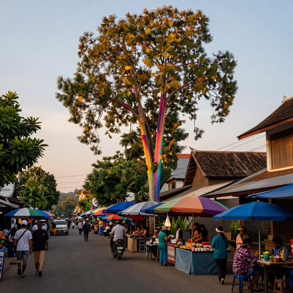 Golden Hour Street Scene in Chiang Mai Thailand with Rainbow Eucalyptus and Local Vendor in in Chiang Mai, Thailand
