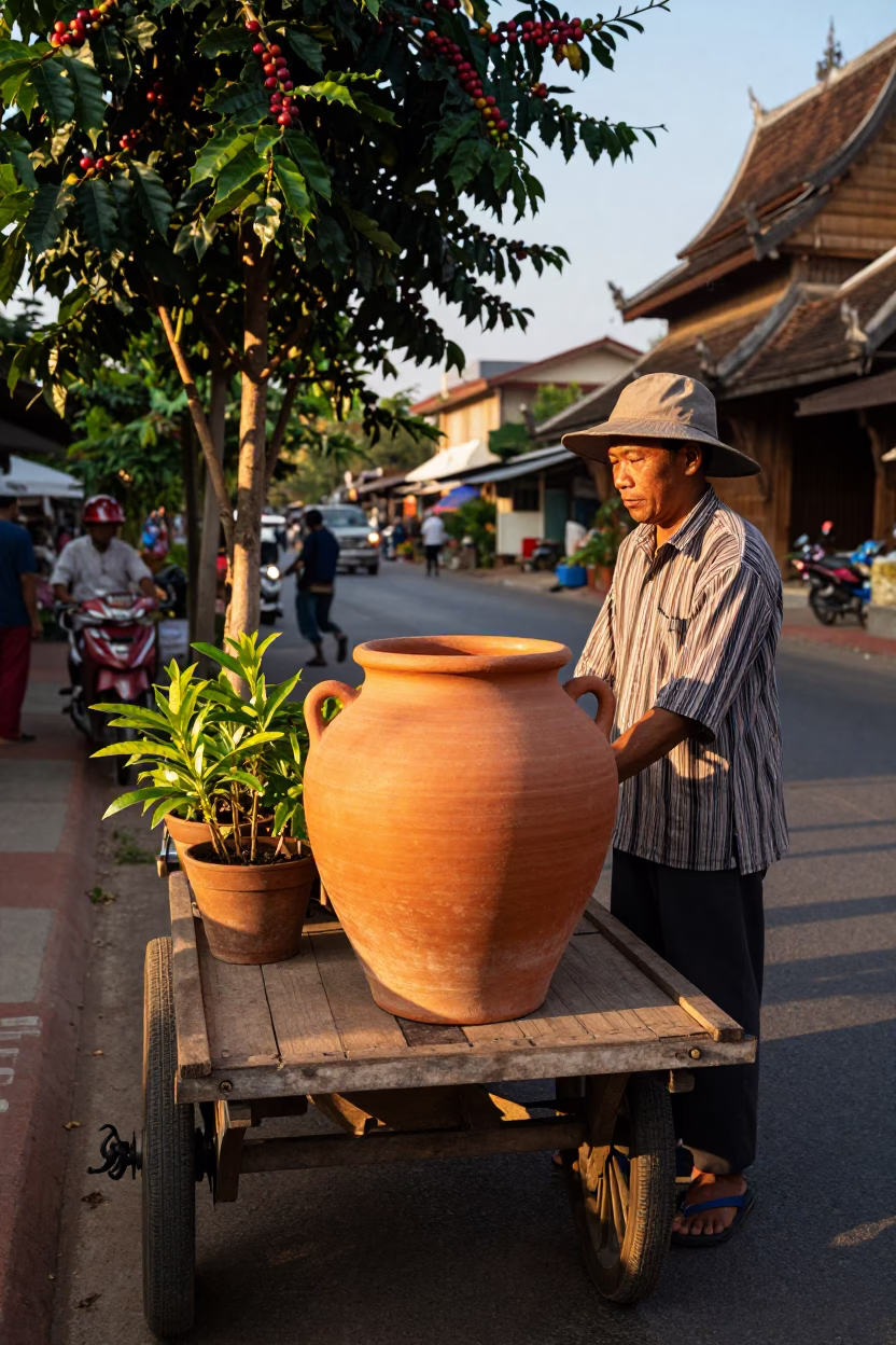 Golden Hour Street Scene in Chiang Mai Thailand with Terracotta Pot and Coffee Cherries in in Chiang Mai, Thailand