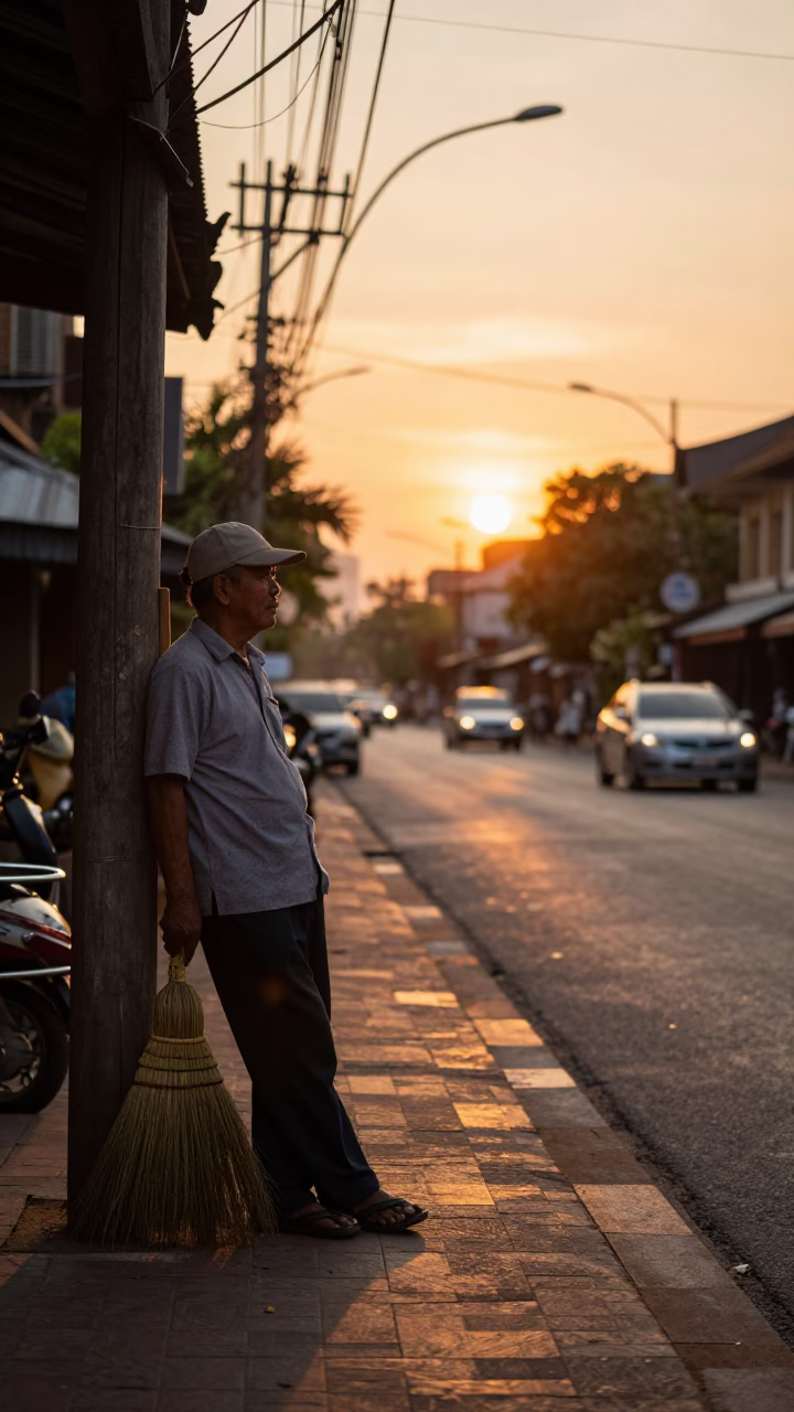 Golden Hour Street Scene in Chiang Mai Thailand with Traditional Broom and Umbrellas in in Chiang Mai, Thailand